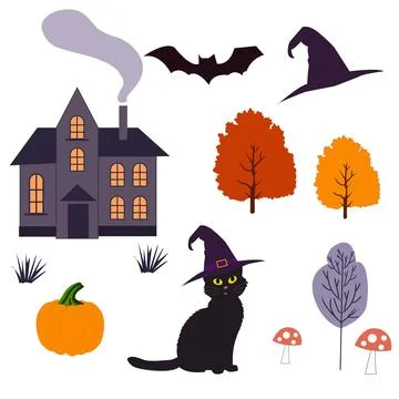 Halloween set with a cat, hat, pumpkin Stock Illustration
