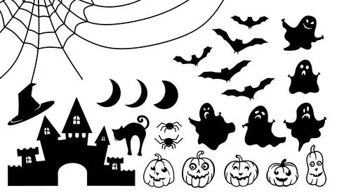 Halloween is a set of different objects and symbols in black on a white isola Stock Illustration