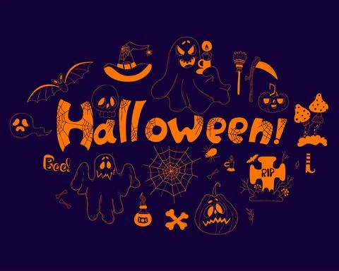 Halloween set doodle. Jack pumpkin, ghost, web, grave, skull, broom and scythe Stock Illustration