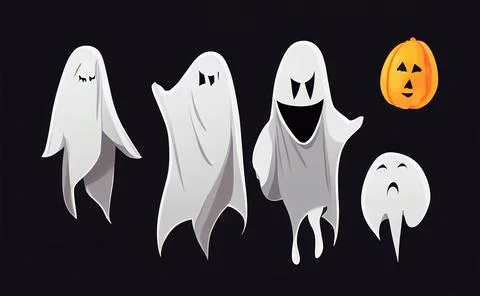 Halloween set with ghost characters isolated on black background. Stock Illustration