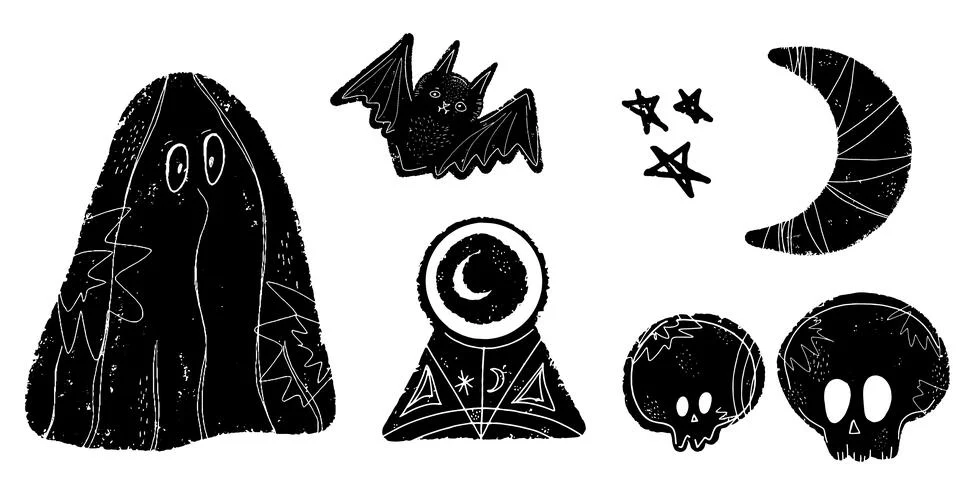 Halloween set. Ghost, skulls, bat, crescent moon, crystal ball. Black silhoue Stock Illustration