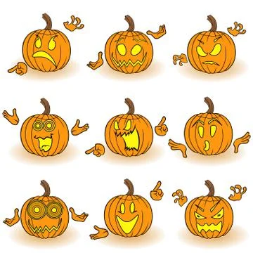 Halloween set of nine gesticulating pumpkins Stock Illustration