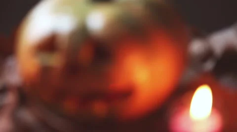 Halloween set of objects: pumpkins, candle, leaves and walnuts Stock-Footage 55846133