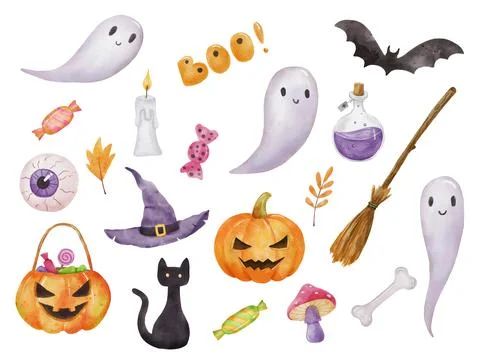 Halloween set with pumpkin, bat, ghost and witch hat. Watercolor Drawing Stock Illustration