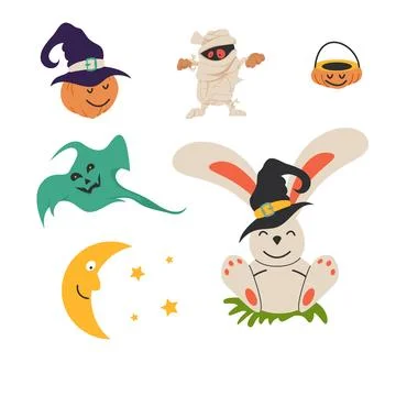 Halloween set pumpkin, ghost, rabbit, moon, mummy. Concept illustration with  Stock Illustration