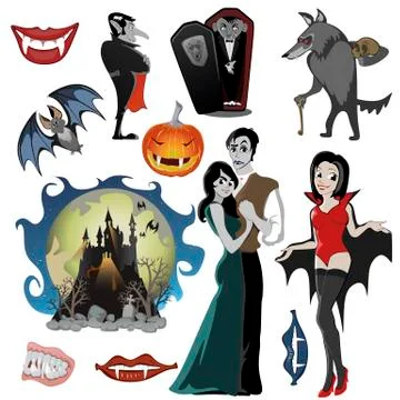 Halloween set with vampire and their castle under full moon and cemetery Stock Illustration