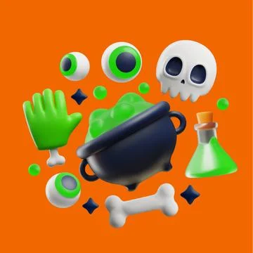 Halloween set of vector realistic 3d illustrations, zombie eyes, skull bone Stock Illustration