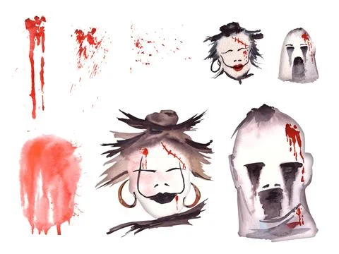 Halloween set witch ghost blood splatters Watercolor hand painted illustration Stock Illustration