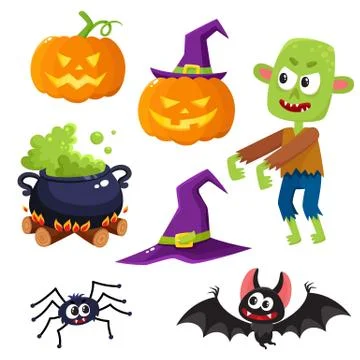 Halloween set - witch hat, caldron, pumpkin lantern, spider, bat, zombie 库存插图