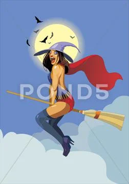 Halloween sexy witch on a broom Stock Illustration