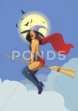 Halloween sexy witch on a broom. Vector illustration Stock Illustration