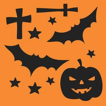 Halloween Silhouette Elements Set with Cross ,Star ,Bat and Jack O Lantern .. Illustrazione stock