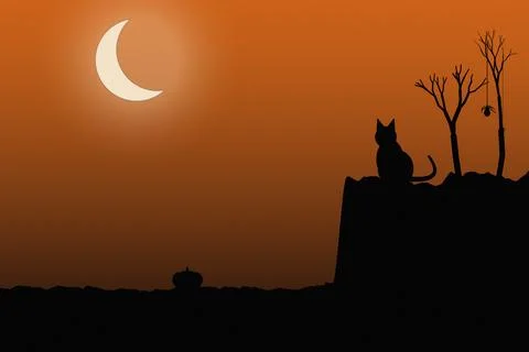 Halloween silhouette featuring orange moonlight cat pumpkin and hanging spi.. Stock Illustration