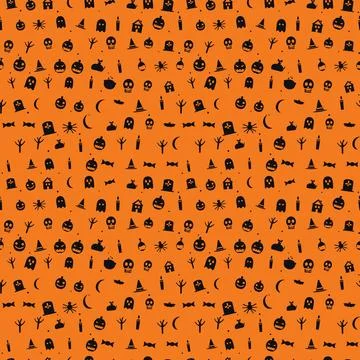 Halloween silhouettes seamless pattern, black silhouettes on orange Illustrazione stock