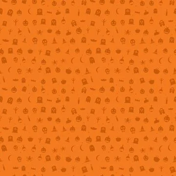 Halloween silhouettes seamless pattern, dark orange silhouettes on orange Stock-Illustration