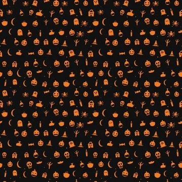 Halloween silhouettes seamless pattern, orange silhouettes on black Illustrazione stock