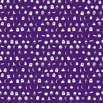 Halloween silhouettes seamless pattern, white silhouettes on purple Illustrazione stock