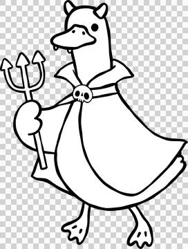 Halloween Silly Goose Devil with Trident Cartoon Hand Drawn Outline doodle Stock Illustration