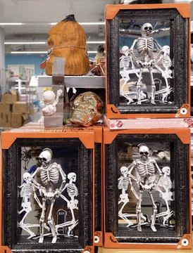 Halloween skeleton decor displayed in store aisle with skull accents and pu.. Stock Photos