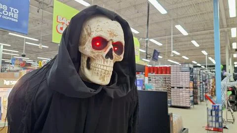 Halloween skeleton decoration displayed inside a retail store Stock Photos