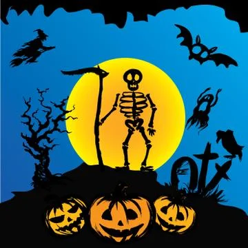 Halloween  skeleton on a graveyard. Stock Illustration