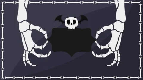 Halloween skeleton hands frame with skull and bat. Stock Footage 318468089