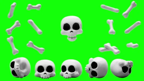 Halloween skeleton head and bones 3d loop animation collection. Stock Footage 317719106