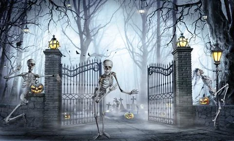 Halloween - Skeleton Inviting A Zombies Party In Cemetery Stock Illustration