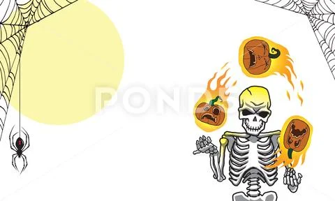 A halloween skeleton juggling flaming pumpkins wide orientation isolated Stock Illustration
