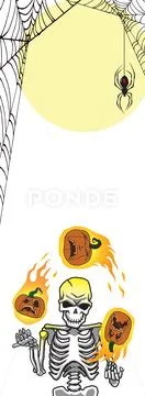 Halloween skeleton juggling pumpkins tall isolated Stock Illustration