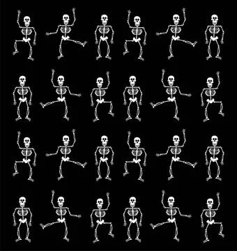 Halloween Skeleton Pattern. Black Background Halloween skeletons dancing o... Stock Photos
