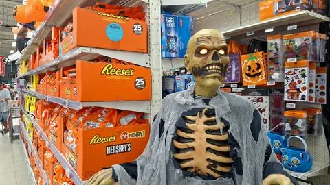 Halloween skeleton prop displayed inside a retail store aisle Stock Photos