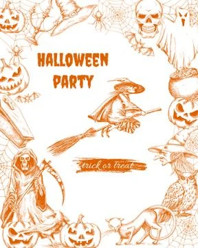 Halloween sketch characters and elements 스톡 일러스트