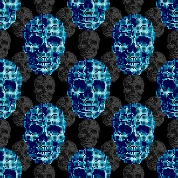Halloween Skulls Seamless Pattern in Blue Pixel Dotted Style Stock Illustration