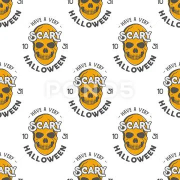 Halloween skulls seamless pattern with holiday wish typography. Scary halloween Stock Illustration