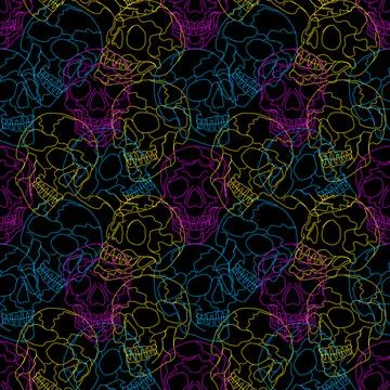 Halloween Skulls Seamless Pattern in Neon Dotted Style Stock Illustration