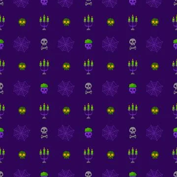 Halloween skulls vector pattern with candles. Cartoon style. Kawaii. Stock Illustration