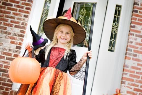 Halloween: Smiling Witch After Getting Trick Or Treat Candy Stock Photos