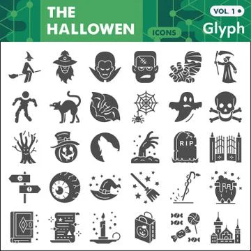 Halloween solid icon set, autumn holiday symbols collection or sketches Stock Illustration