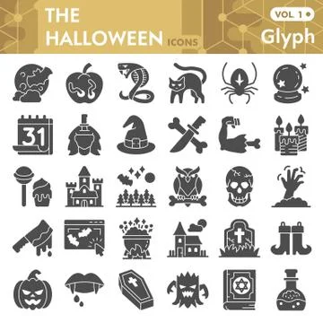 Halloween solid icon set, magical attributes collection or sketches. Halloween Stock Illustration