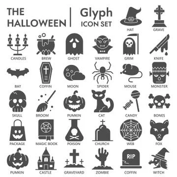 Halloween solid icon set, mystery symbols collection or sketches. Halloween Stock Illustration