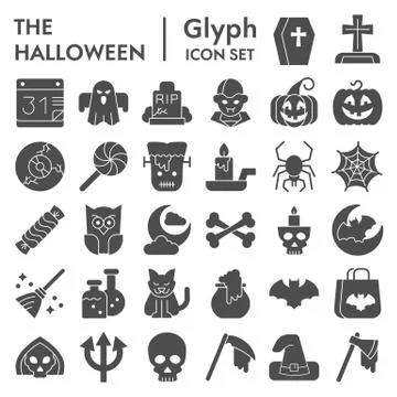 Halloween solid icon set. Party symbols collection, vector sketches, logo Stock Illustration