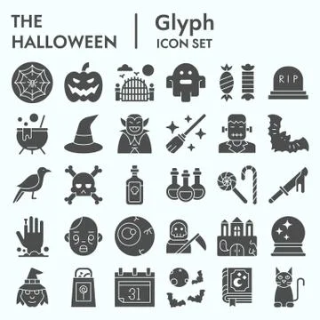 Halloween solid icon set. Silhouettes for party celebration in collection Stock Illustration