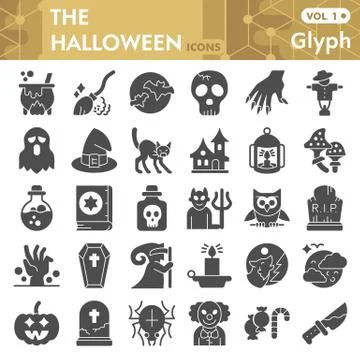 Halloween solid icon set, thirty first october magic symbols collection or Stock Illustration