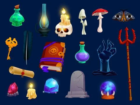 Halloween sorcery and magic items, game assets Illustrazione stock