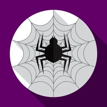 Halloween spider on the web flat icon with long shadow. Stock Illustration