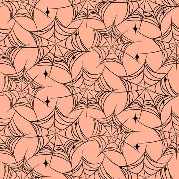 Halloween spider web seamless pattern. Coral orange background and black co.. Stock Illustration