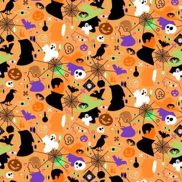 Halloween spooky art seamless pattern with crows, sorcerers, vampires, ghosts, Stock-Illustration