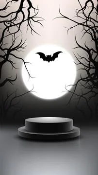 Halloween spooky backdrop with full moon eerie forest bare trees flying bat.. Illustrazione stock