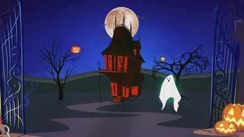 Halloween Spooky Background with Ghost, House, Trees And Pumpkins Animation Stock Footage 251985877
